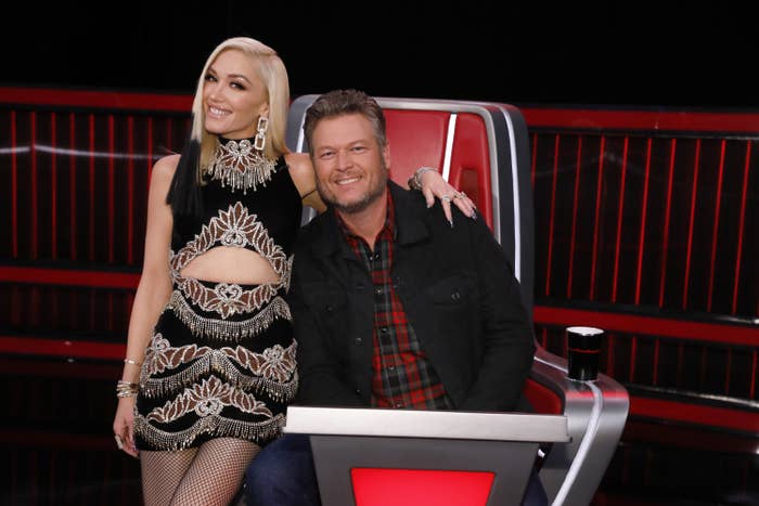 Gwen Stefani and Blake Shelton pose on set of &quot;The Voice&quot;