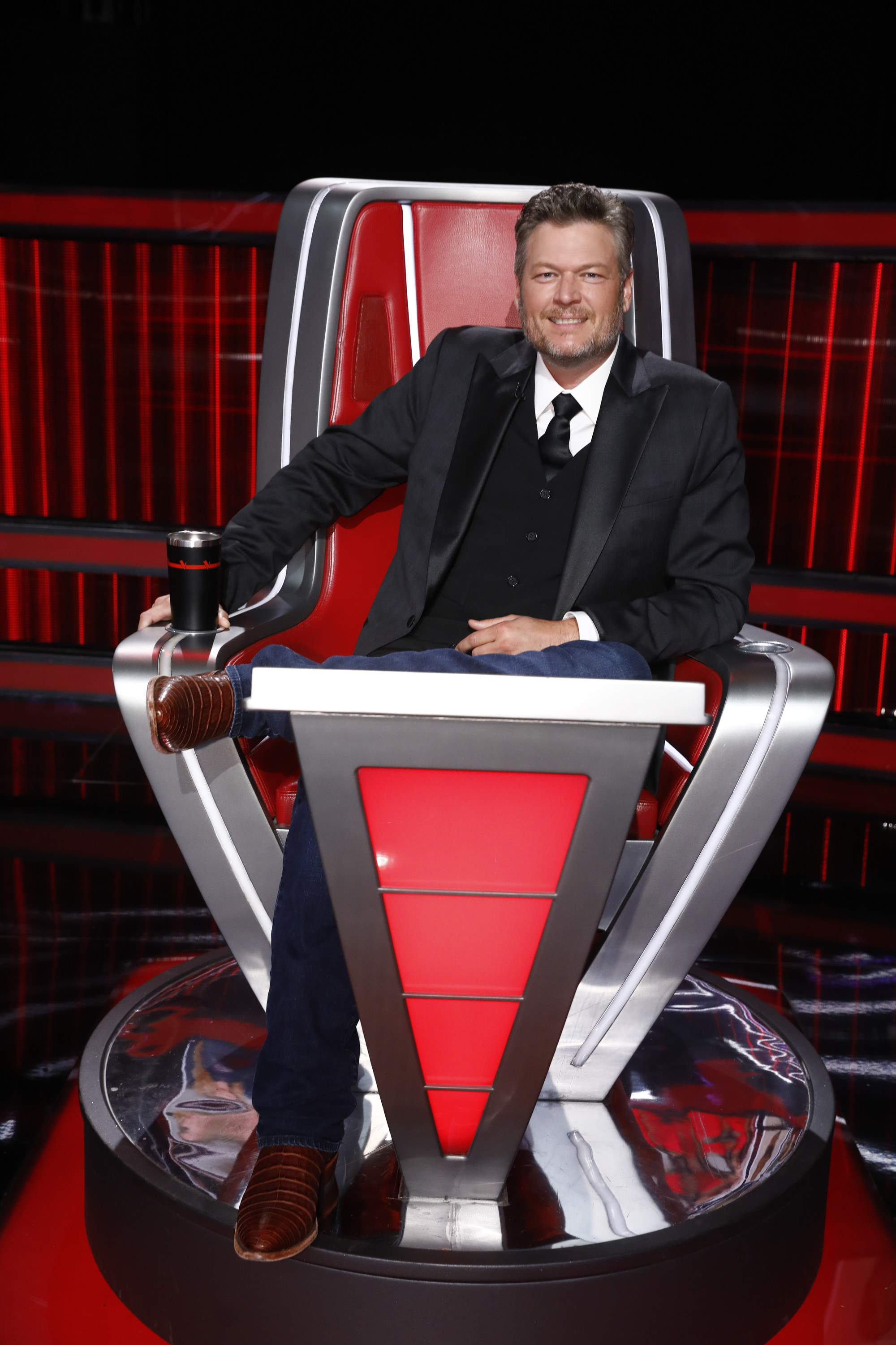 Blake Shelton poses in his judge&#x27;s chair on set of &quot;The Voice&quot;