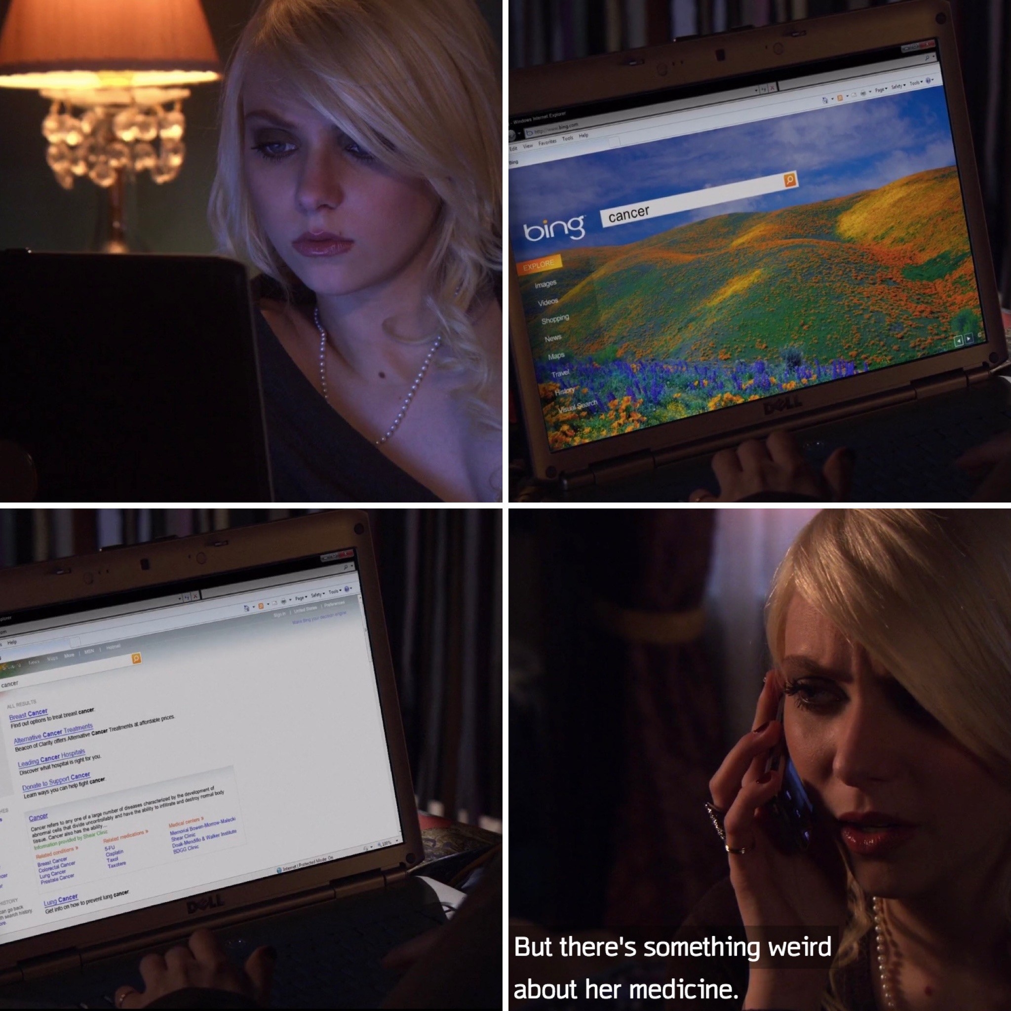 jenny humphrey searches the word &quot;cancer&quot; online and gets news stories about a doctor giving malpractice