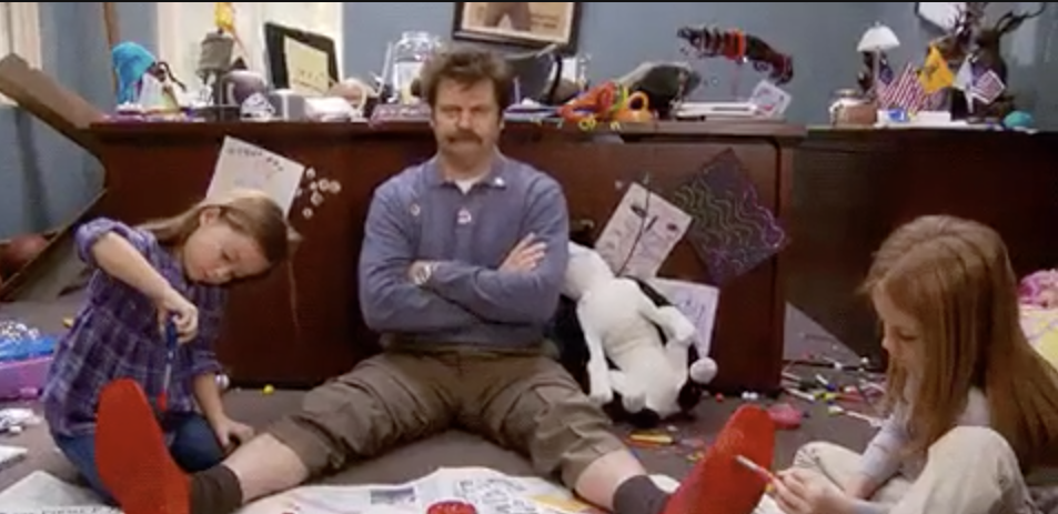 Ron Swanson and his office destroyed by two little girls