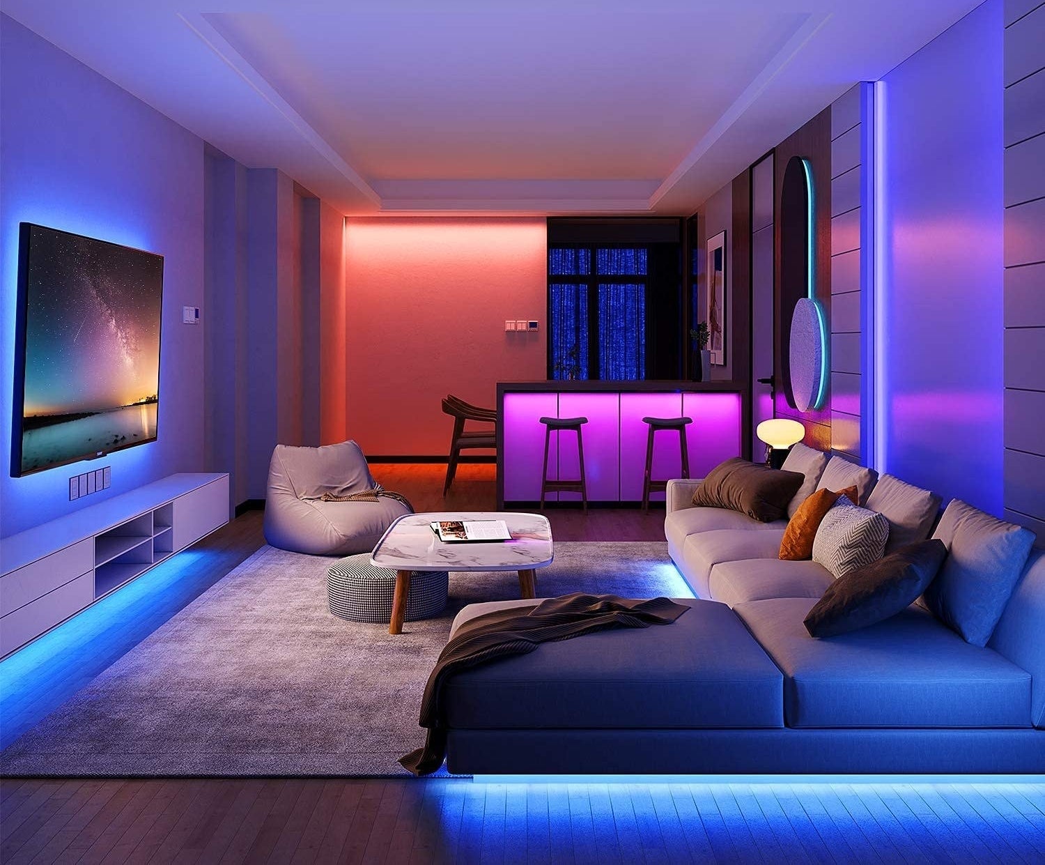 A room illuminated with strip lighting