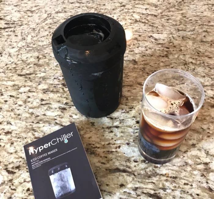 A customer review photo of their HyperChiller next to a glass of iced coffee