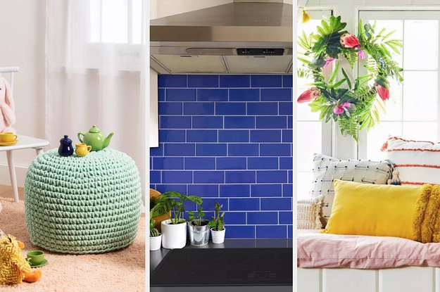 a green knitted pouf; bright blue tiles; a bright yellow pillow