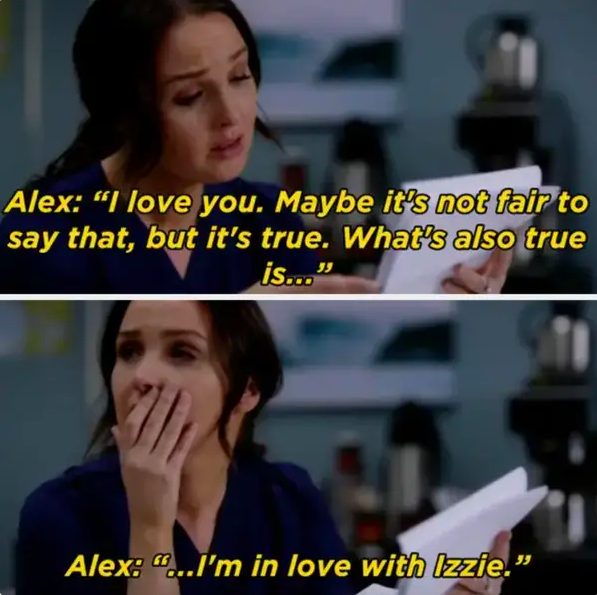 Alex leaves Jo a note saying he loves her but is also in love with Izzie