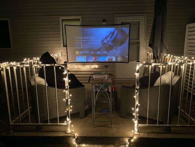 Reviewer's backyard with projector and screen set up