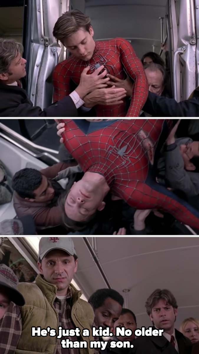 A passenger marvels at Spider-Man: "he's just a kid, no older than my son"