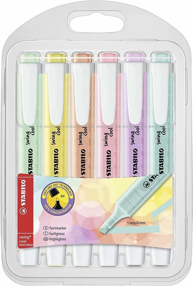 Stabilo pastel highlighters in green, yellow, orange, pink, purple, and blue