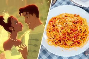 Tiana and Prince Naveen hold hands as they are wed and a white bowl of spaghetti in red sauce.
