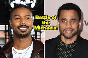 Michael B. Jordan wears a white shirt under a brown leather jacket and Michael Ealy wears a black button up shirt with yellow polka dots under a black suit jacket.