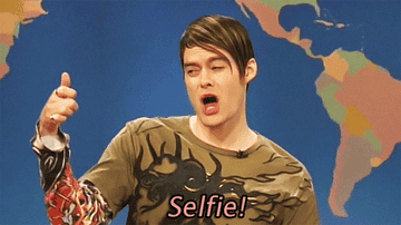 a gif of bill hader as stefan on SNL saying &quot;selfie!&quot;