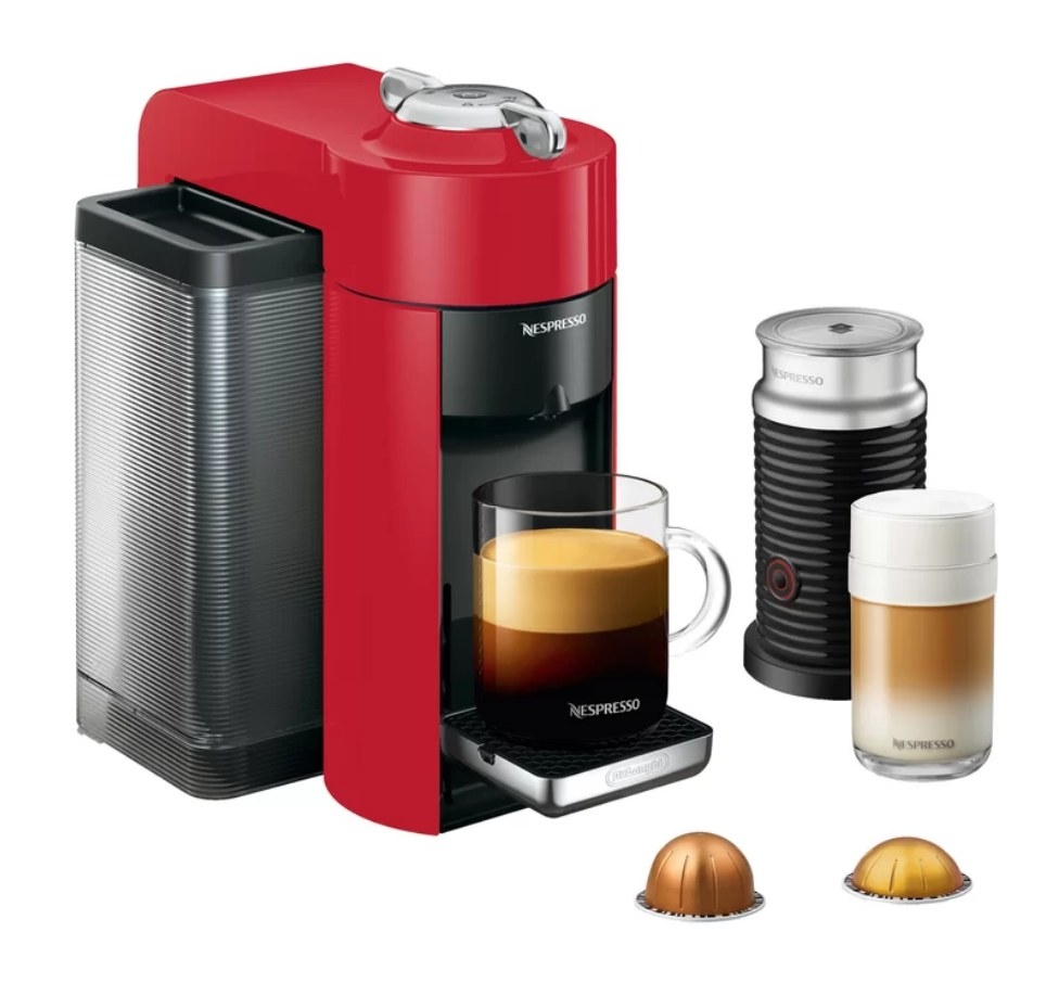 A red/black Nespresso Vertuo coffee and espresso machine with a milk frother