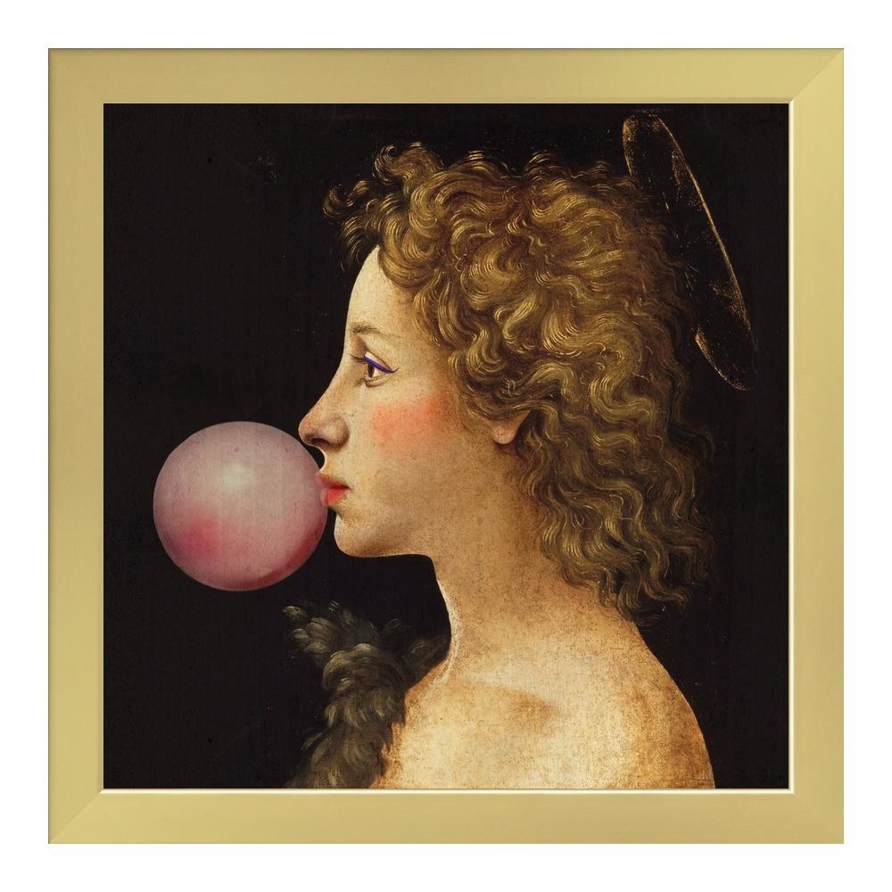 A framed portrait of what looks like a classic painting of a girl blowing a bubble gum bubble