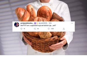 Girl arguing that it's ok to eat bread at a restaurant on twitter