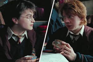 Harry Potter and Ron Weasley look at each other while clutching tea cups.