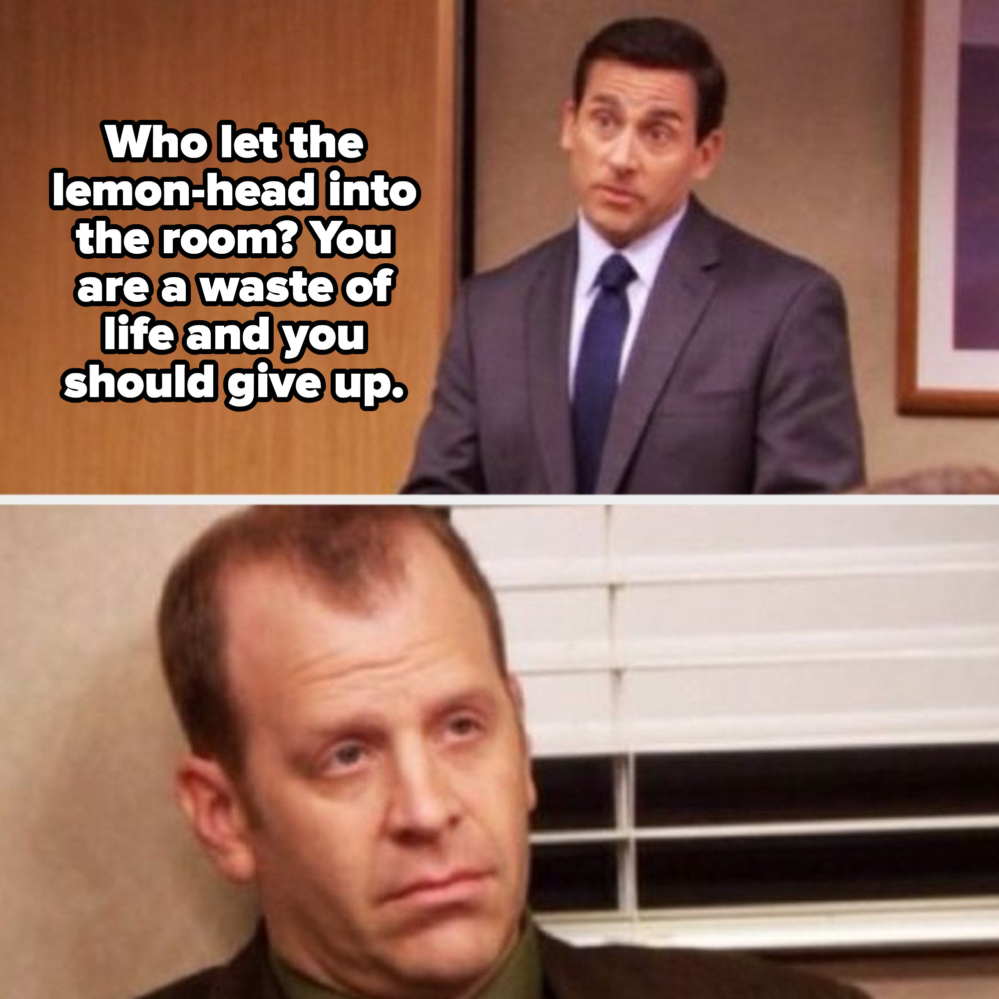 Michael Scott telling Toby: &quot;Who let the lemon-head into the room? You are a waste of life and you should give up&quot;