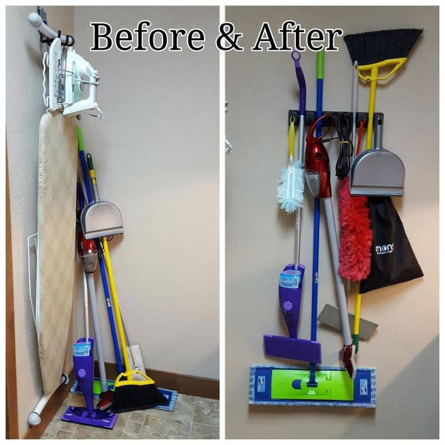 L: a reviewer photo of lots of brooms and dust pans piled into a corner, R: a reviewer photo of the rack mounted on the wall with brooms, a dustpan, and other cleaning tools hung from it