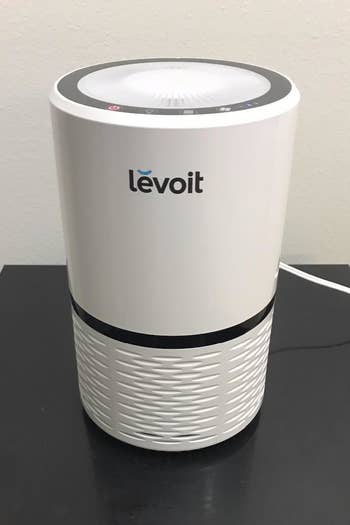 a reviewer photo of the white cylinder shaped air purifier 