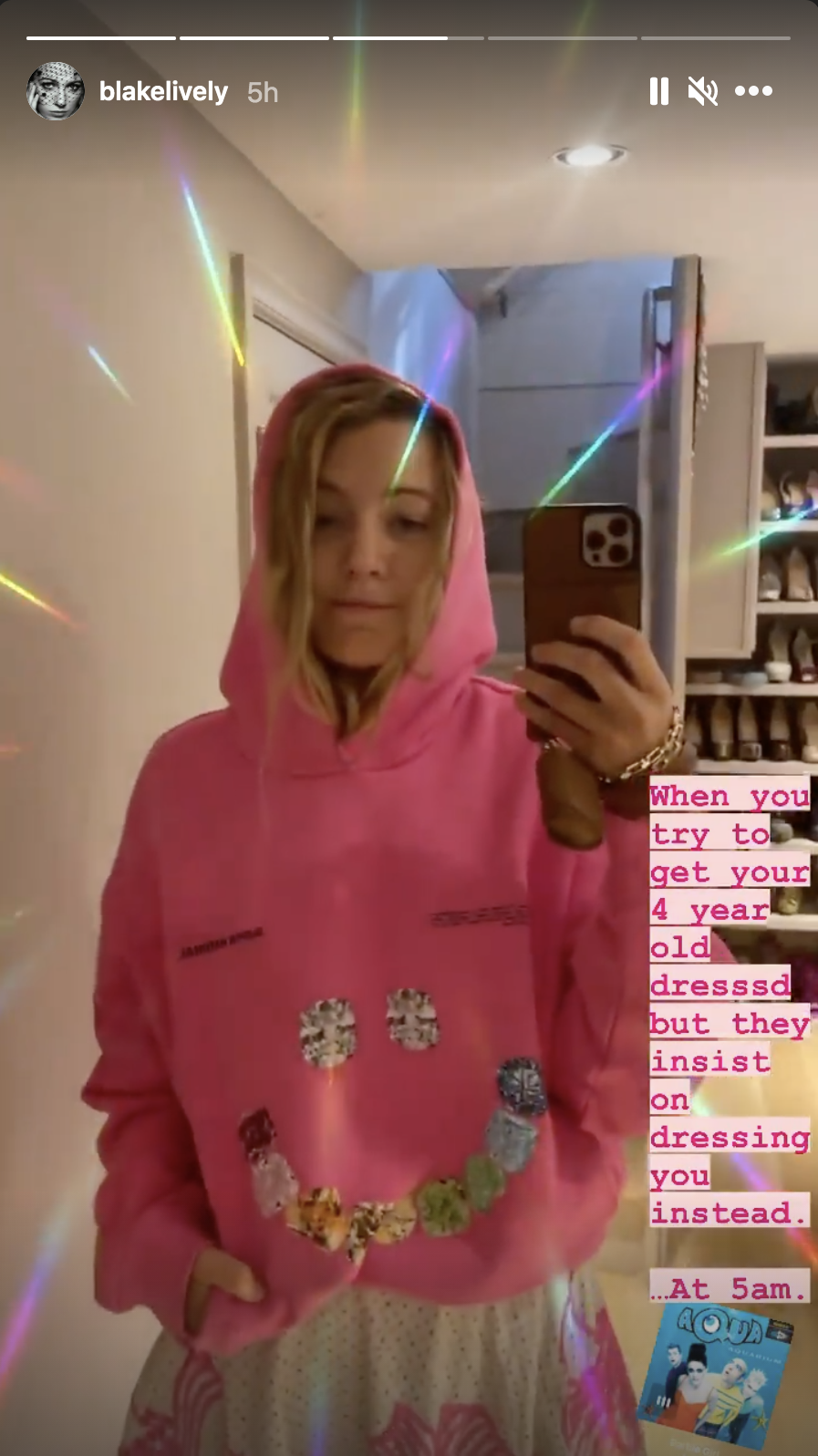 Blake Lively wears a pink sweatshirt in an Instagram Story video