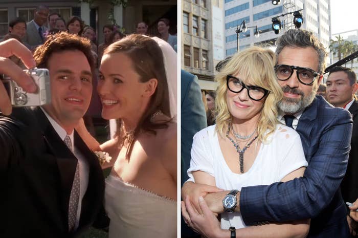 Mark Ruffalo is in character on the left taking a selfie on his wedding day. On the right, Ruffalo is hugging his wife