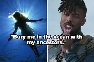 A women floats underneath the water's surface and Killmonger pulls his lower lip out to show off his neon blue Wakanda tattoo.