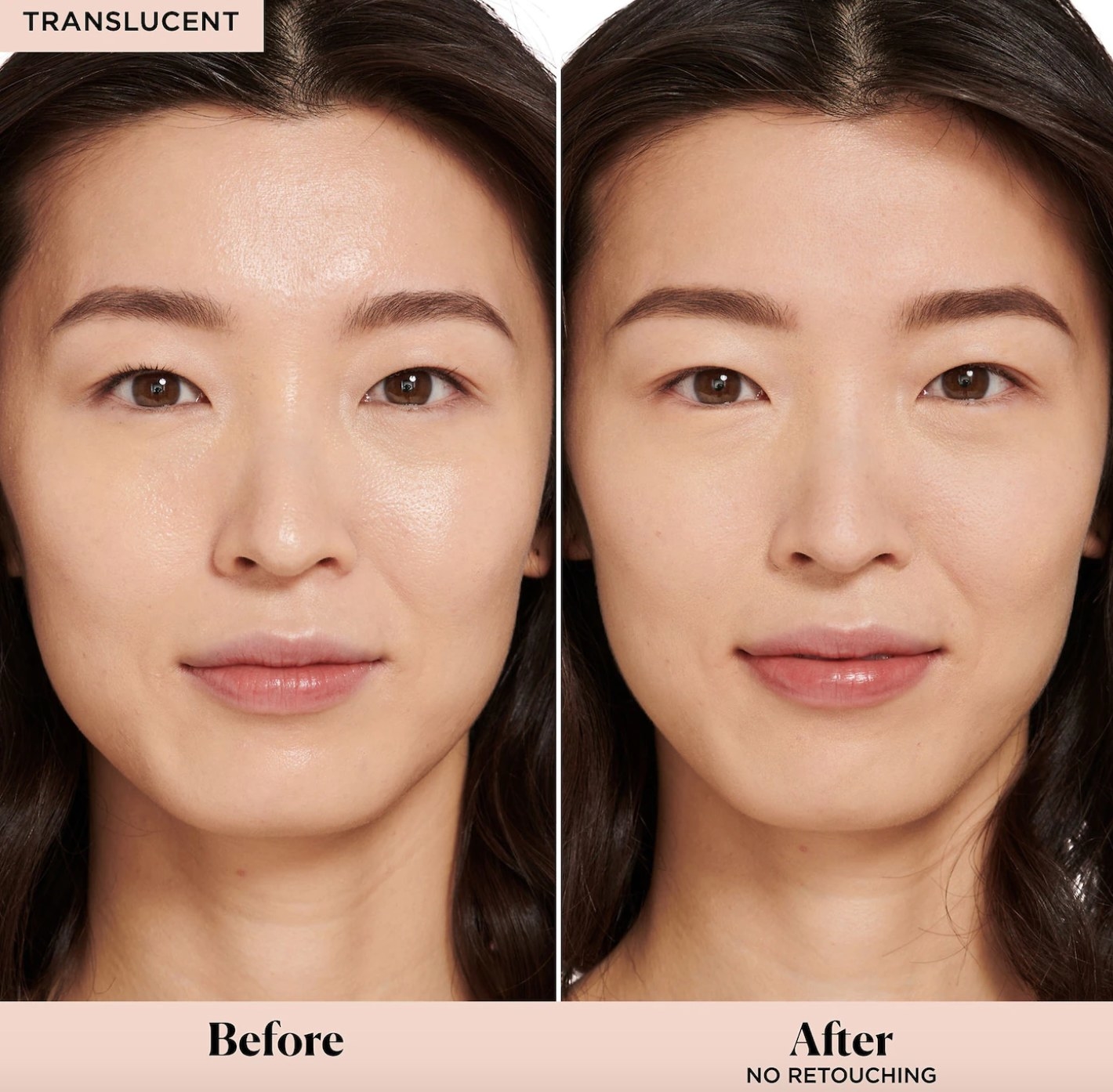Before and after of model wearing Laura Mercier settting powder