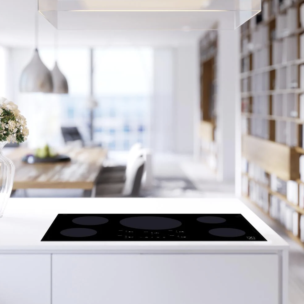 lifestyle image of the induction cooktop installed on a white countertop