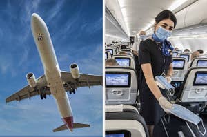 Photo of a plane flying overhead next to a photo of a flight attendant wearing and handing out face masks. (CREDIT: GETTY)
