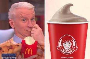On the left, Anderson Cooper eating McDonald's fries, and on the right, a chocolate Frosty from Wendy's