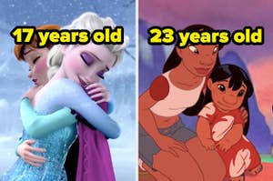 Anna and Elsa labeled "17 years old" and Lilo and Nani labeled "23 years old"