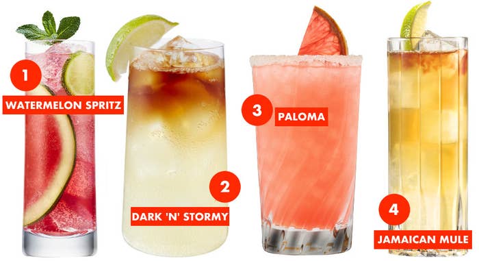 watermelon spritz cocktail, dark &#x27;n&#x27; stormy, paloma, and jamaican mule