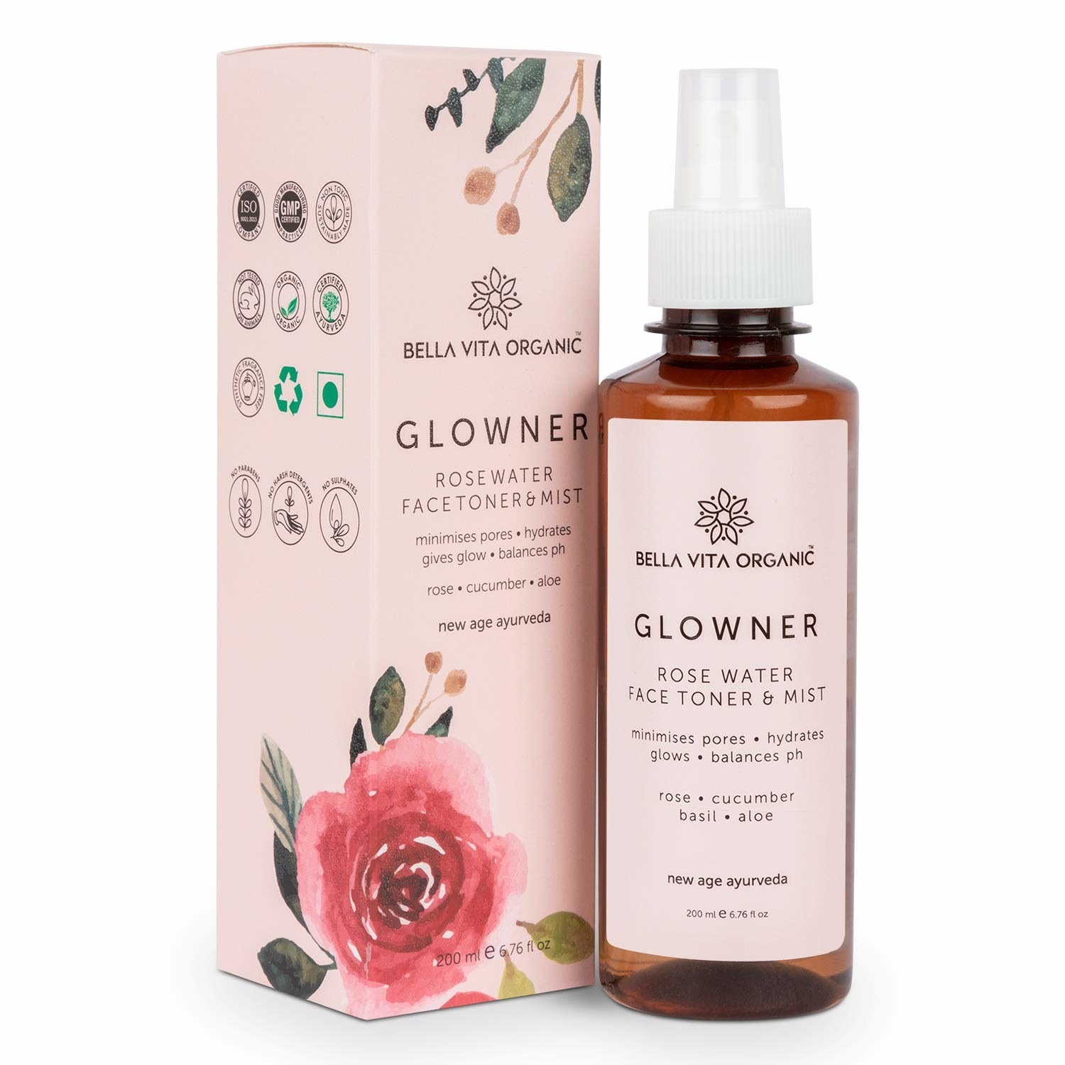 A bottle of Glowner rose water face toner and mist