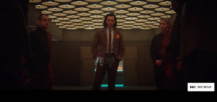 A "Skip recap" button over Loki standing in a moment from a previous episode