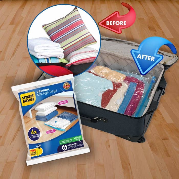 A set of vacuum storage bags in a suitcase