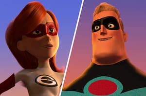 Elastigirl wears a red mask and white super suit with an "E" on the chest. Mr. Incredible wears a black mask and a blue super suit.