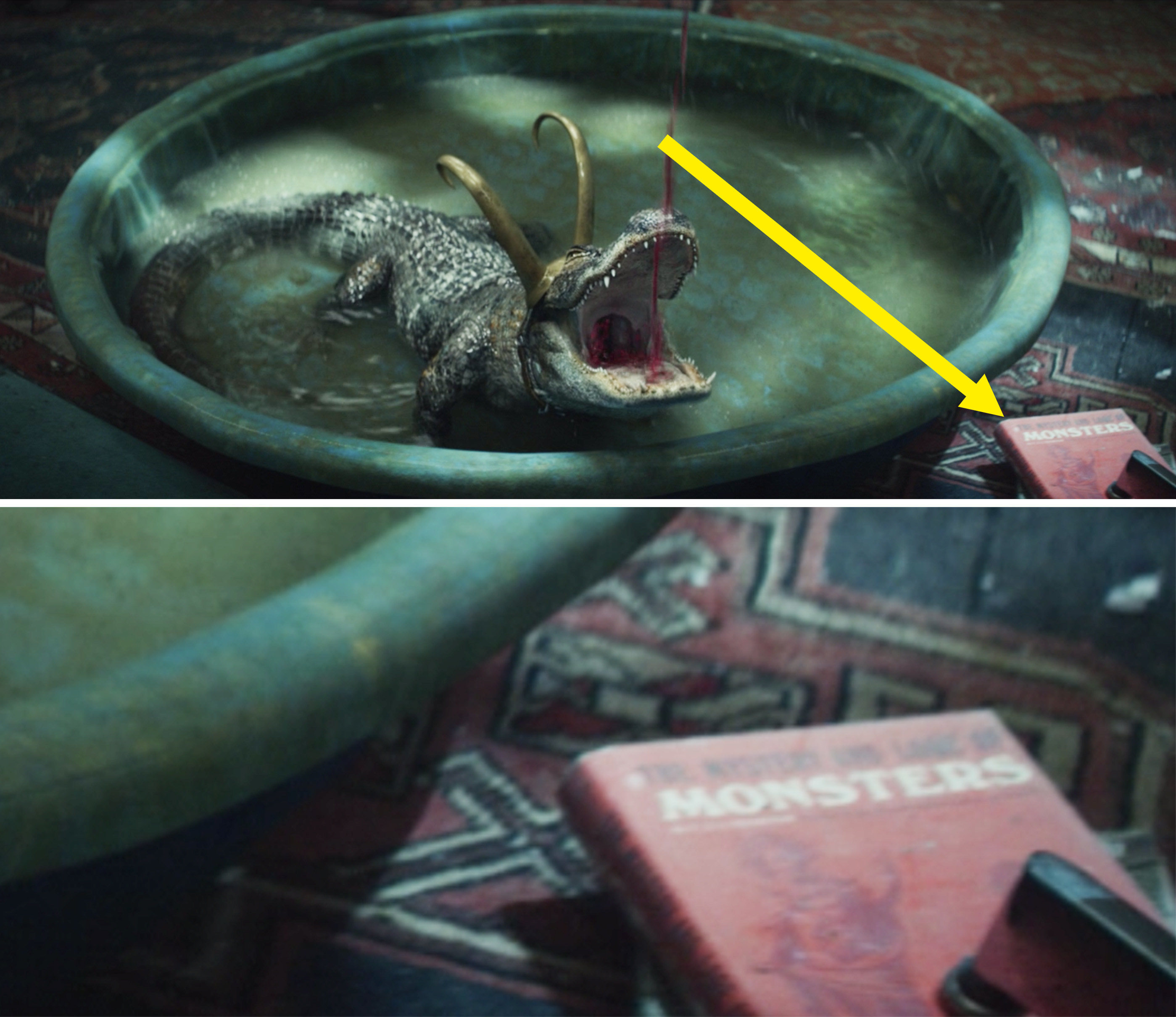 Alligator Loki drinking wine in a kiddie pool next to a book