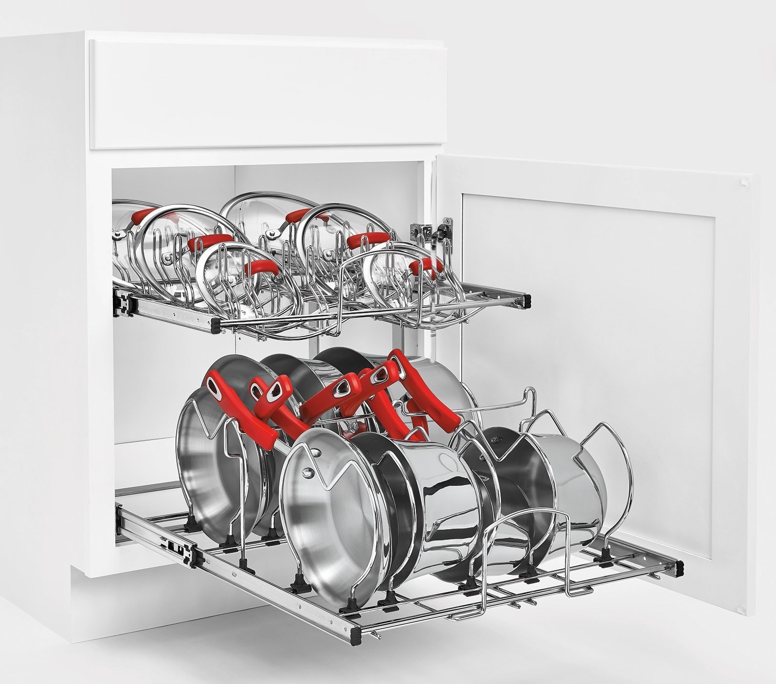 two-tier metal shelf with slots for pots and pans and lids installed in cabinet