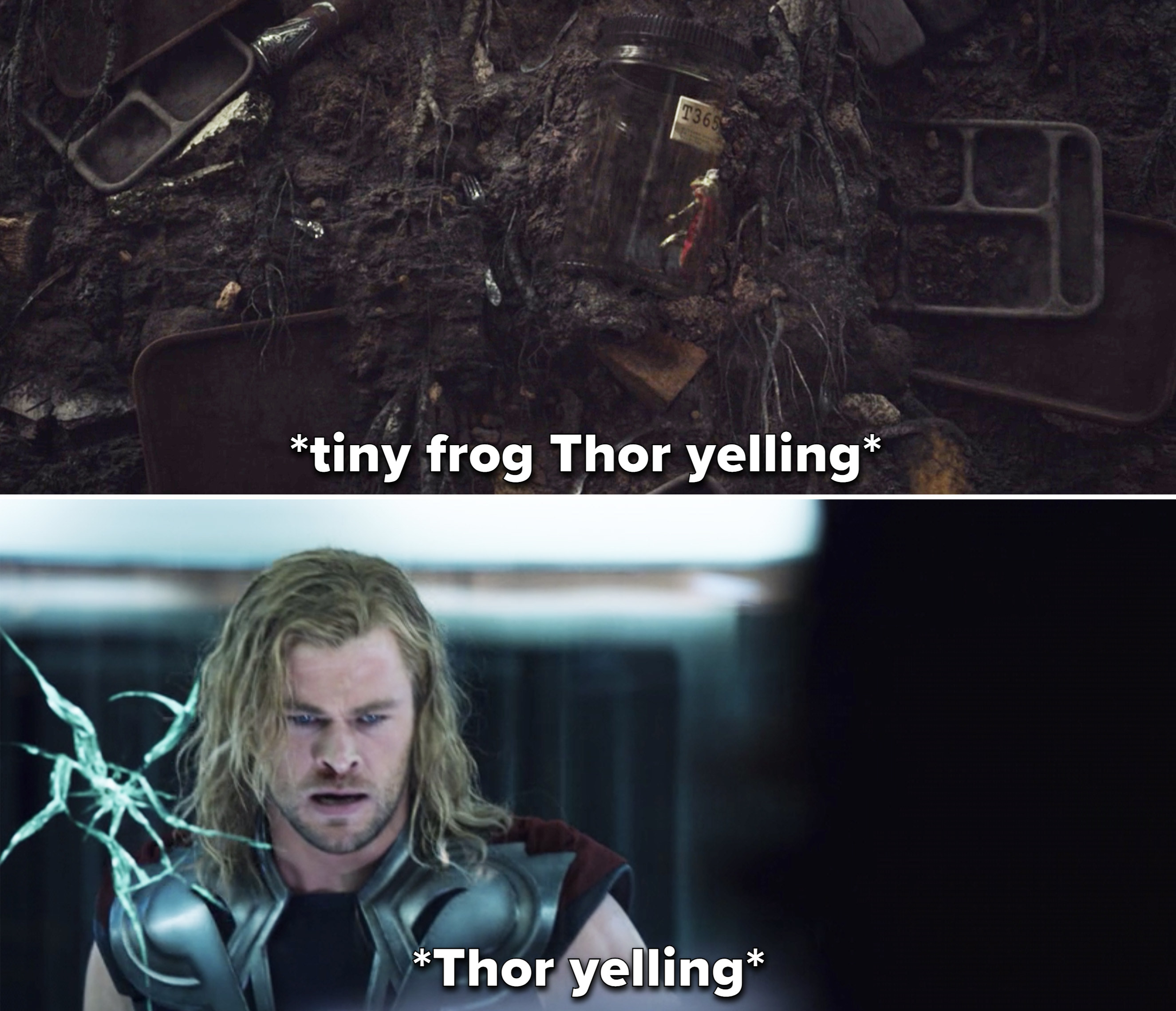 Frog Thor trapped in a glass bottle vs. Thor trapped behind glass