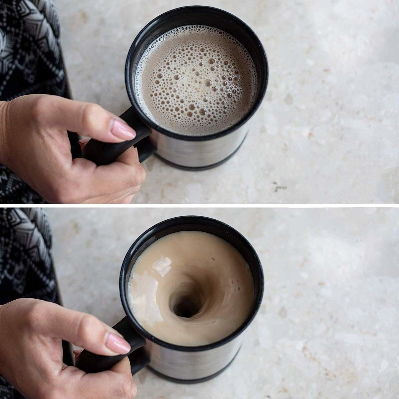 A before and after collage of a person holding a self-stirring mug of coffee turned off and on