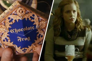 A hand holds a box with a chocolate frog inside and Hermione Granger has a butter beer mustache.