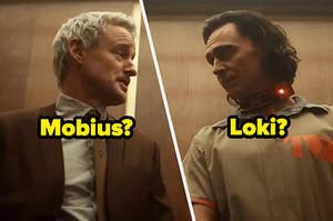 Agent Mobius and Loki are turned towards each other as they ride in a dimly lit elevator.