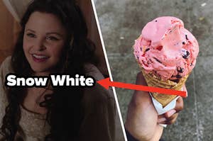Snow White smiles brightly to show her teeth and a hand holds a cone fully of strawberry ice cream.