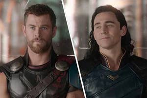 Thor stares fiercely ahead as Loki stands beside him with a smirk on his face.