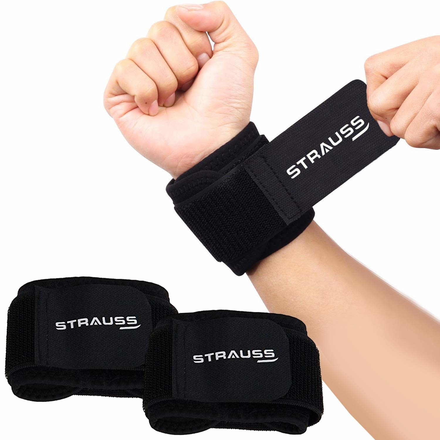 A person tightening a support band around their wrist, next to an image of two rolled up support bands