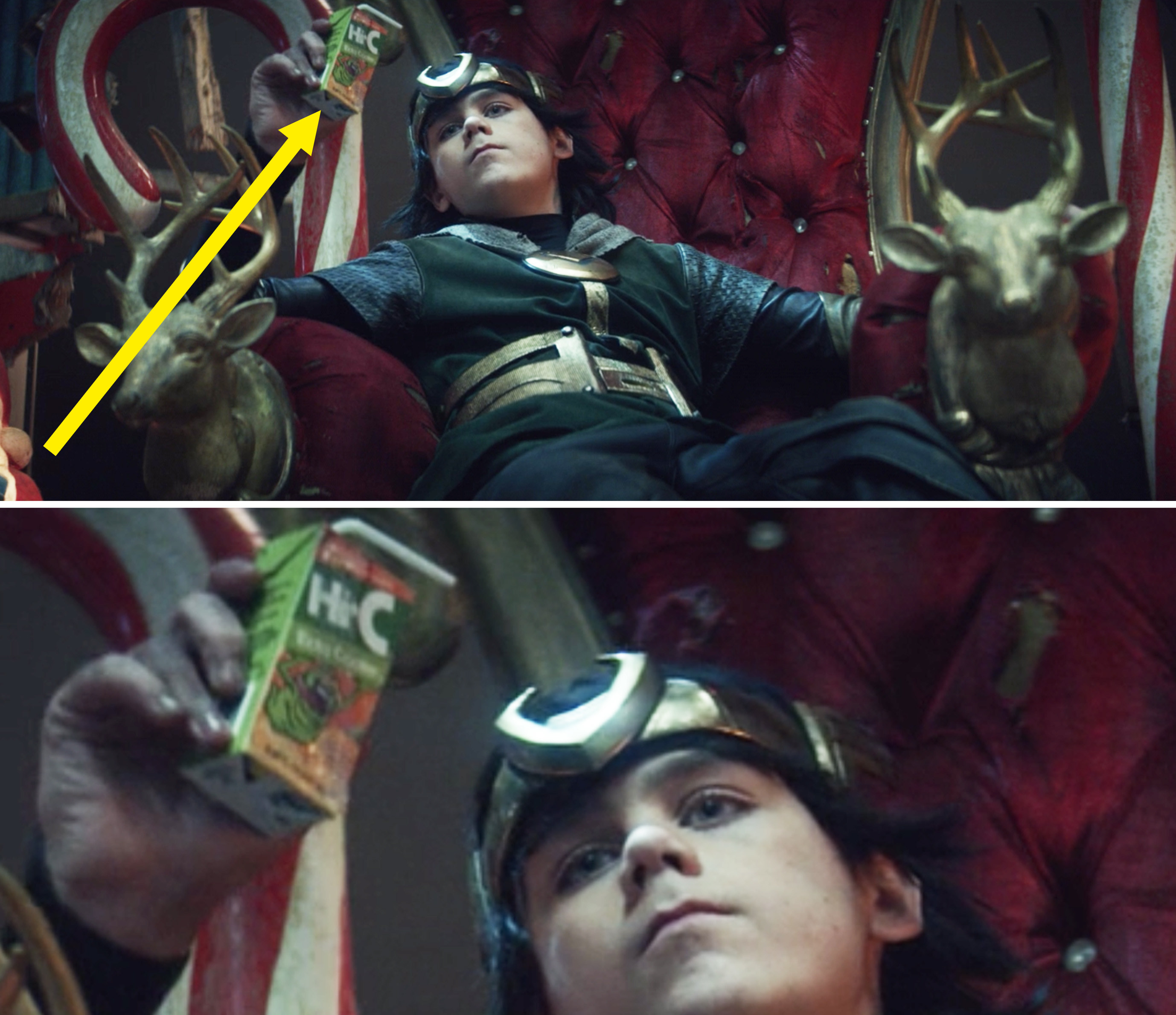 Kid Loki holding up a Hi-C juice box