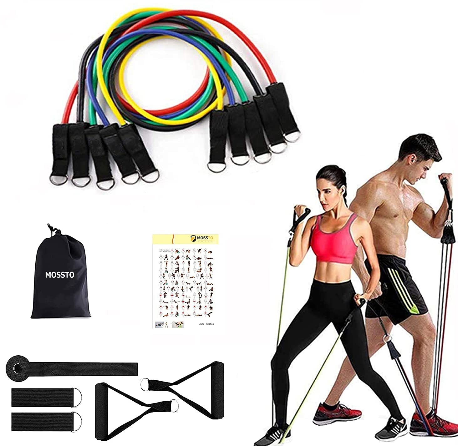 A man and woman working out using the resistance bands, next to a collage of equipment included with the product