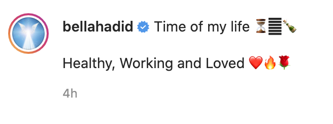 A screenshot of Bella Hadid&#x27;s Instagram caption, which reads, &quot;Time of my life, healthy, working, and loved&quot;