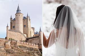 On the left, a castle with a wall around it, and on the right, a bride wearing a veil looking out the window wistfully