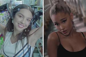 olivia rodrigo on the left in the good for you music video and ariana grande on the right in the no tears left to cry music video
