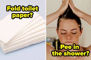 folded toilet paper on the left and emma stone in the shower on the right with "pee in the shower" written under her