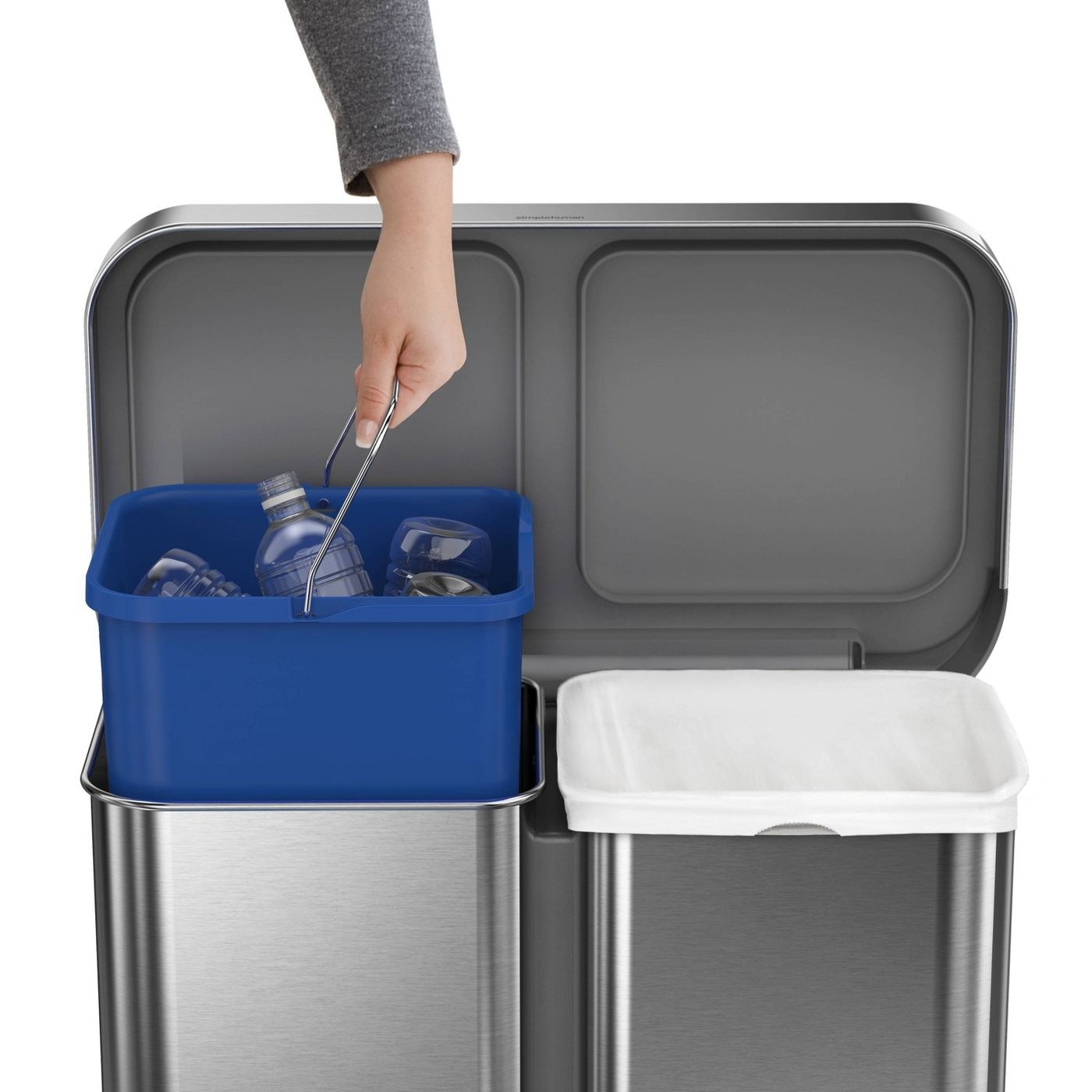 a silver trash can with one bin for recycling and one bin for trash